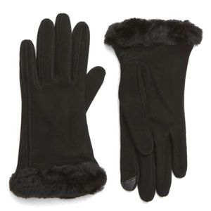 UGG Genuine Shearling Trim Suede Tech Tips Gloves NEW Black Size M Touchscreen